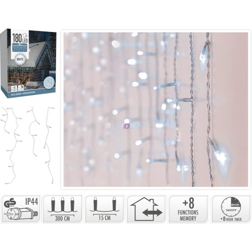 Kültéri Jégcsap fényfüzér 6m hidegfehér 180 LED IP44, 8 program