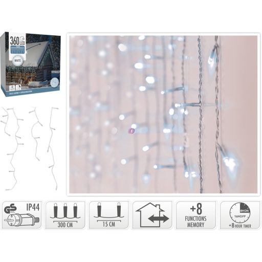 Kültéri Jégcsap fényfüzér 12m hidegfehér 360 LED IP44, 8 program