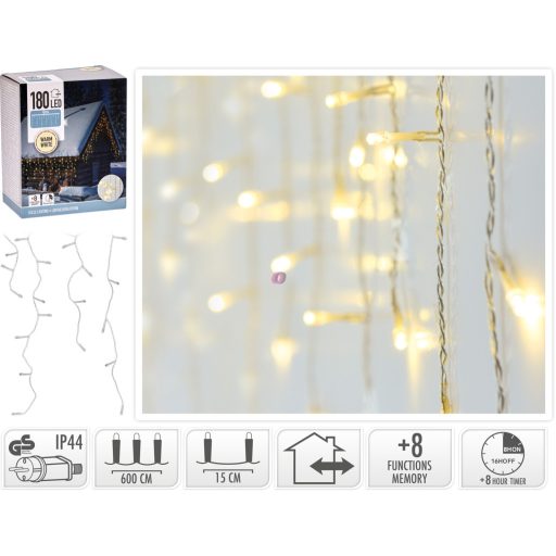 Kültéri Jégcsap fényfüzér 6m melegfehér 180 LED IP44, 8 program