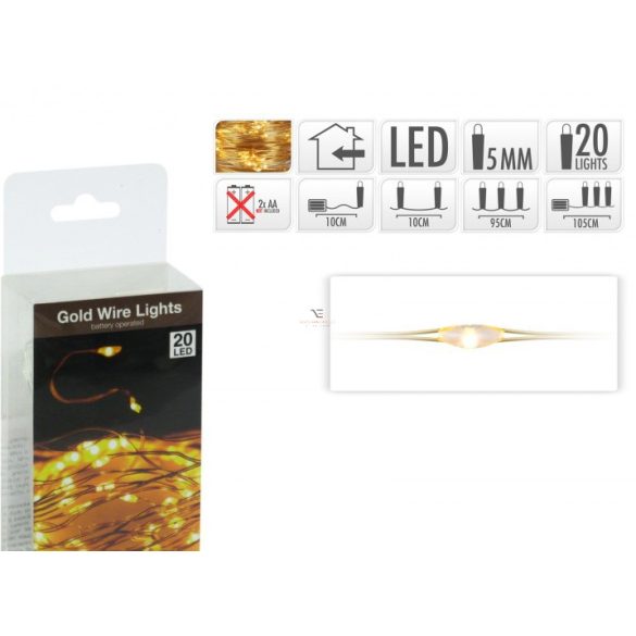 Micro LED fényfűzér ezüstdrót melegfehér beltéri elemes 105cm 20 LED - AX8700010