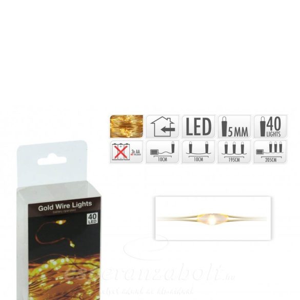 40 Micro LEDes fényfüzér aranydrót extra melegfehér elemes 205cm