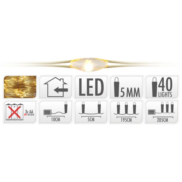 40 Micro LEDes fényfüzér aranydrót extra melegfehér elemes 205cm