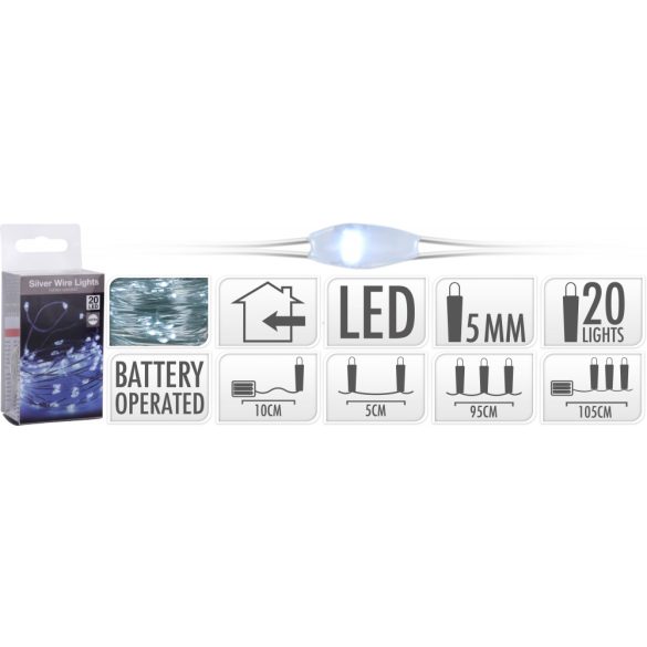 Micro LED fényfűzér ezüstdrót hidegfehér beltéri elemes 105cm 20 LED
