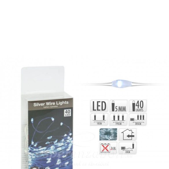 40 Micro LEDes fényfüzér ezüstdrót hidegfehér 205cm