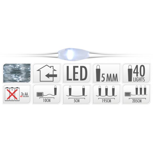 40 Micro LEDes fényfüzér ezüstdrót hidegfehér 205cm