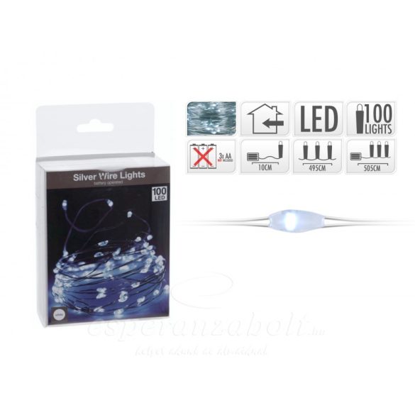Drótos fényfüzér 100 LED ezüstdrót hidegfehér 505cm MICRO LED