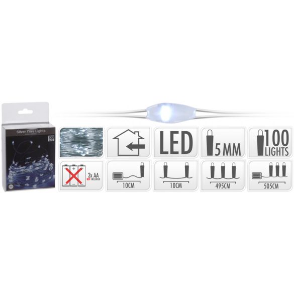 Drótos fényfüzér 100 LED ezüstdrót hidegfehér 505cm MICRO LED