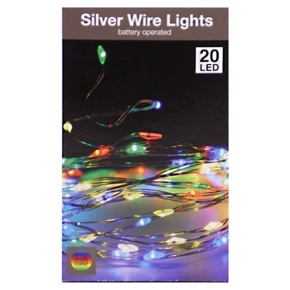Micro LED fényfűzér ezüstdrót színes beltéri elemes 105cm 20 LED