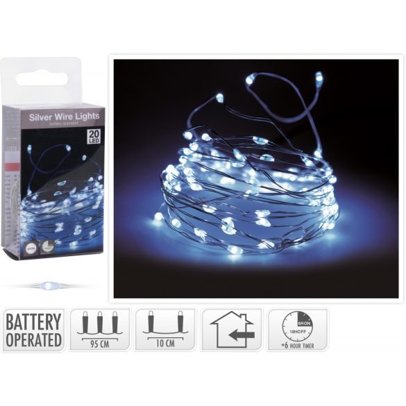 Időzítős Micro LED fényfűzér 20 LED hidegfehér ezüstdrót elemes