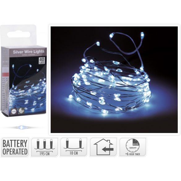 Időzítős Micro LED fényfűzér 40 LED hidegfehér ezüstdrót elemes