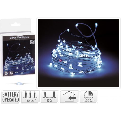 Időzítős Micro LED fényfűzér 100 LED hidegfehér ezüstdrót elemes
