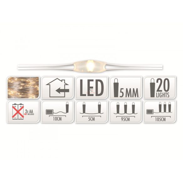 Micro LED fényfűzér 20 LED melegfehér ezüstdrót elemes