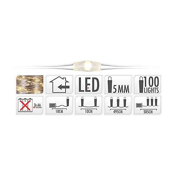 Micro LED fényfűzér 100 LED melegfehér ezüstdrót elemes 505 cm
