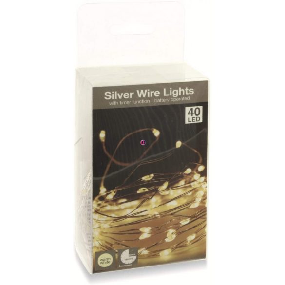 Időzítős Micro LED fényfűzér 40 LED melegfehér ezüstdrót elemes