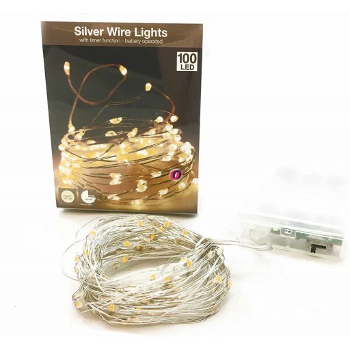 Időzítős Micro LED fényfűzér 100 LED melegfehér ezüstdrót elemes 505cm