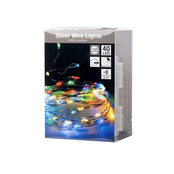 40 LED Micro LED fényfűzér színes kültéri elemes timer, 8 program