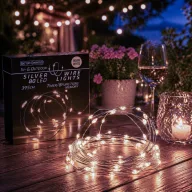   Időzítős elemes fényfűzér 80 LED melegfehér +8 program, ezüstdrót micro led