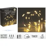   Időzítős elemes fényfűzér 80 LED melegfehér +8 program, ezüstdrót micro led