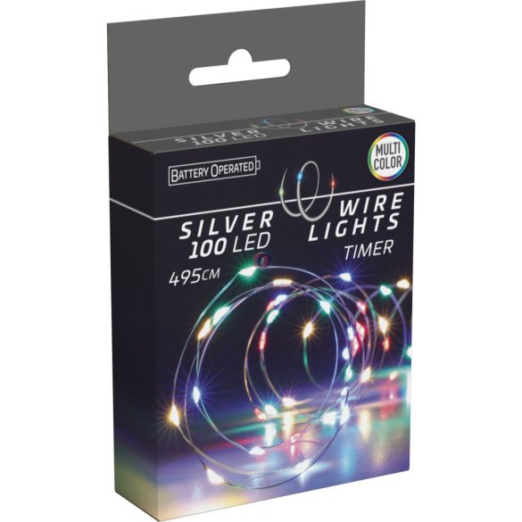 Időzítős elemes fényfűzér 100 LED színes ezüstdrót micro led