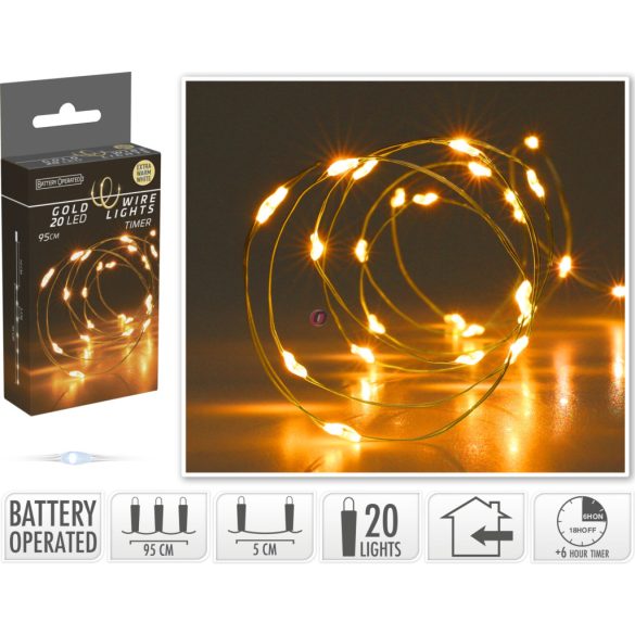 Időzítős elemes fényfűzér 20 LED vintage extramelegfehér aranydrót micro led