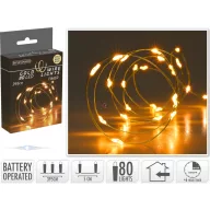   Időzítős elemes fényfűzér 80 LED vintage extra melegfehér aranydrót micro led