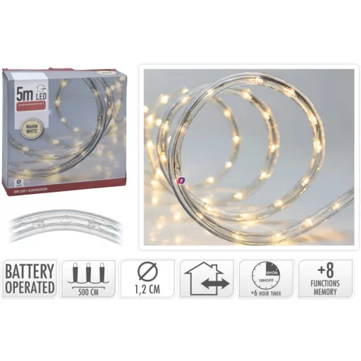 Kültéri fénykábel 5m melegfehér elemes, IP44 50 LED