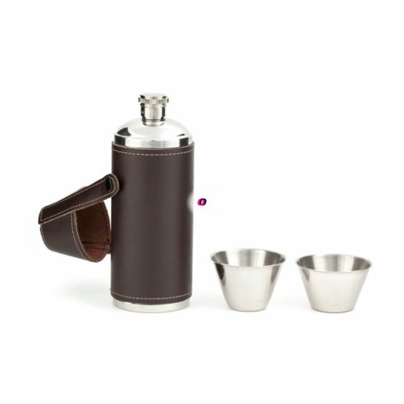 Palack poharakkal bőr tokban, fém 5x15cm,236ml