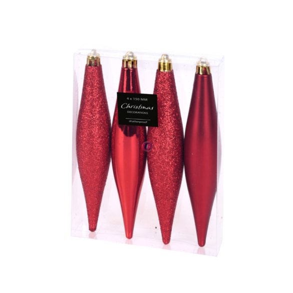 Premium collection csepp dísz műanyag piros 15 cm 4 db-os szett