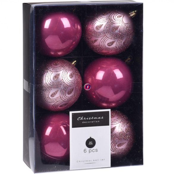 Premium collection dísz rózsaszín mintás 8cm 6 db-os karácsonyfa gömb szett