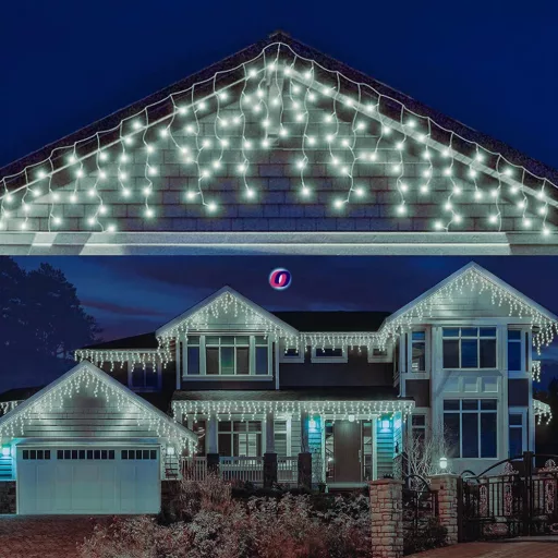 Kültéri Jégcsap fényfüzér extra lelógással 10 m hidegfehér 600 LED, 8 program,  IP44,