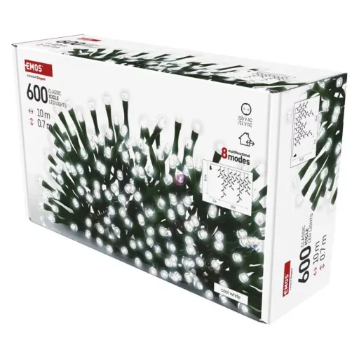 Kültéri Jégcsap fényfüzér extra lelógással 10 m hidegfehér 600 LED, 8 program,  IP44,