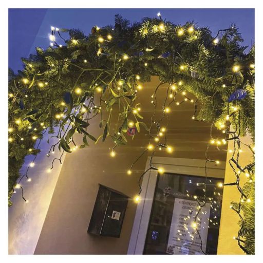 Kültéri Jégcsap fényfüzér extra lelógással 10 m melegfehér 600 LED, 8 program,  IP44, fekete kábel