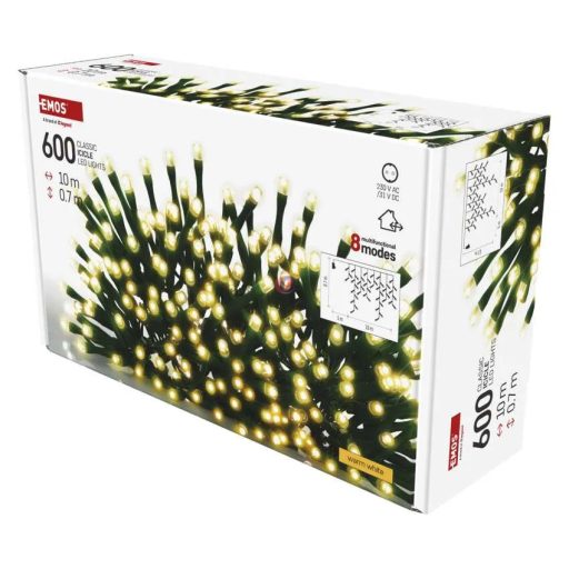 Kültéri Jégcsap fényfüzér extra lelógással 10 m melegfehér 600 LED, 8 program,  IP44, fekete kábel