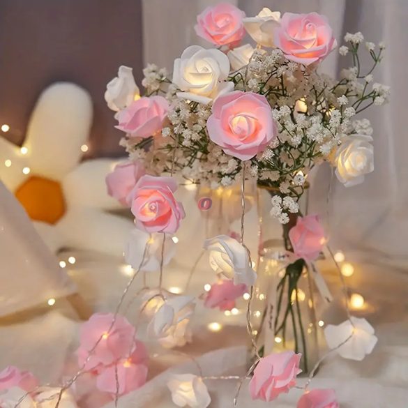 Tavaszi rózsa fényfüzér 20 LED, rózsaszín Rózsafejek  4 m elemes 3xAA
