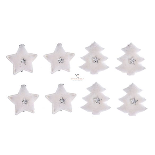 Textil csillag, fenyő csipeszes 4cm fehér 2 féle 4 db / szett karácsonyi dekorációs kellék