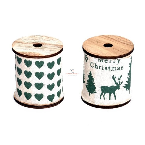 Szalag mintával textil 8cmx3m natúr-zöld 3féle   karácsonyi szalag