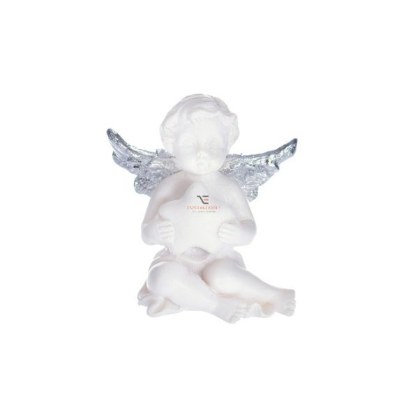 Angyal ülő poly 4x3,2x4,5cm, fehér-ezüst  karácsonyi figura