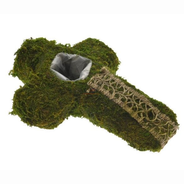 Kereszt kaspóval moha-kéreg 22x32cm zöld őszi dekoráció