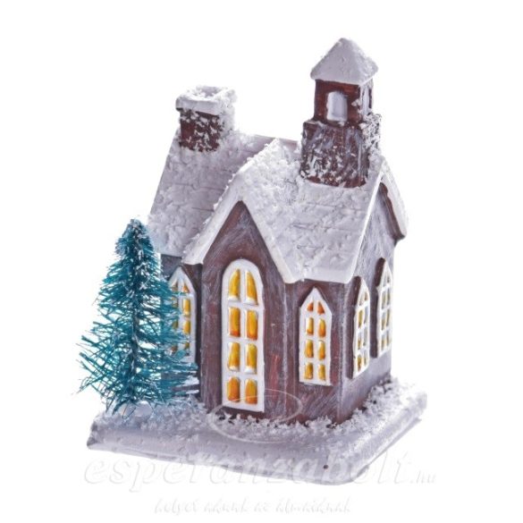 Házikó fenyővel poly 5x4cm barna-fehér