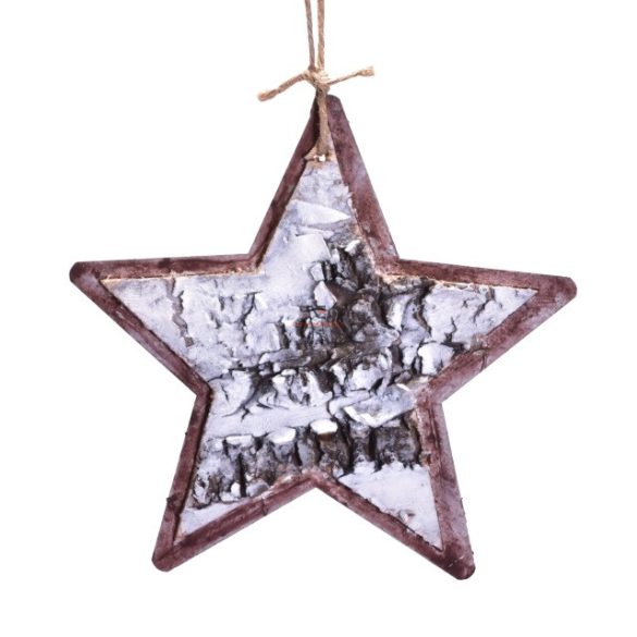 Akasztós dísz csillag nyírfa-fém 11x11cm fehér-natúr  karácsonyi ajtódísz