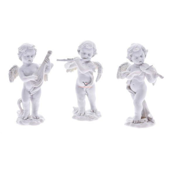 Angyal hangszerrel poly 6,2x4,5x10,5cm fehér-ezüst glitteres 3 féle Karácsonyi figura