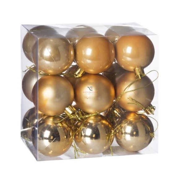 Gömbdísz , dobozban műanyag 5cm méz sárga 3 féle 18 db-os Karácsonyfa gömb