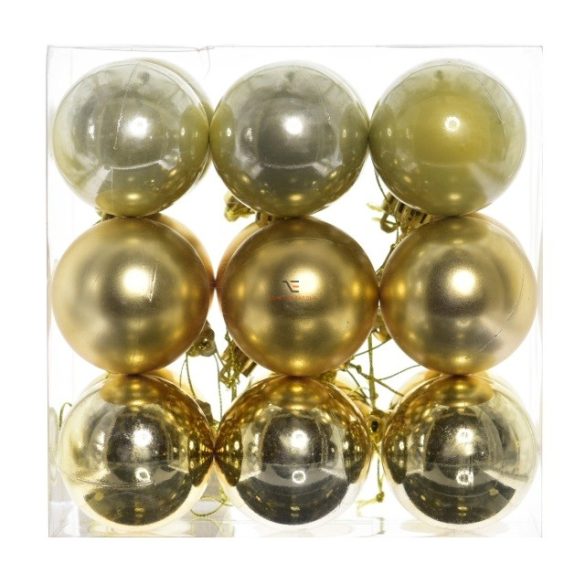 Gömbdísz , dobozban műanyag 5cm arany 3 féle 18 db-os Karácsonyfa gömb