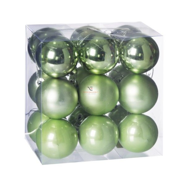 Gömbdísz , dobozban műanyag 5cm világos zöld 3 féle 18 db-os Karácsonyfa gömb