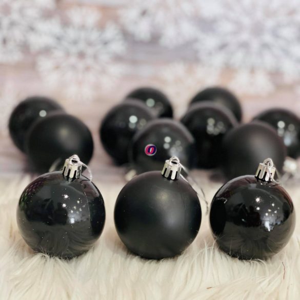 Gömbdísz , dobozban műanyag 6cm fekete 3 féle 12 db-os Karácsonyfa gömb
