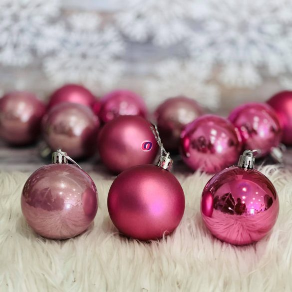 Gömbdísz , dobozban műanyag 6cm rózsaszín 3 féle 12 db-os Karácsonyfa gömb