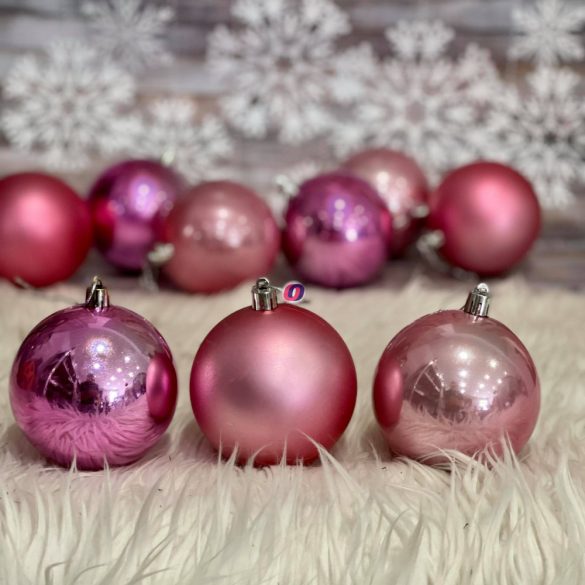 Gömbdísz , dobozban műanyag 8cm rózsaszín 3 féle 9 db-os Karácsonyfa gömb - DD51256