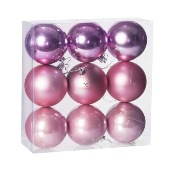 Gömbdísz , dobozban műanyag 8cm rózsaszín 3 féle 9 db-os Karácsonyfa gömb - DD51256