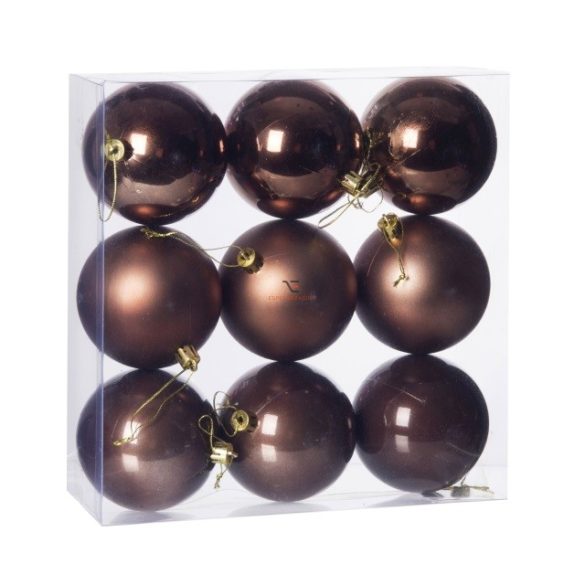 Gömbdísz , dobozban műanyag 8cm barna 3 féle 9 db-os Karácsonyfa gömb