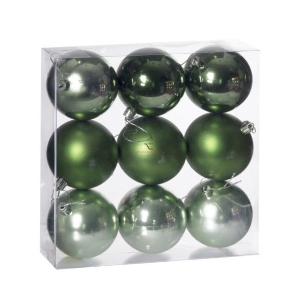 Gömbdísz , dobozban műanyag 8cm türkiz zöld 3 féle 9 db-os Karácsonyfa gömb